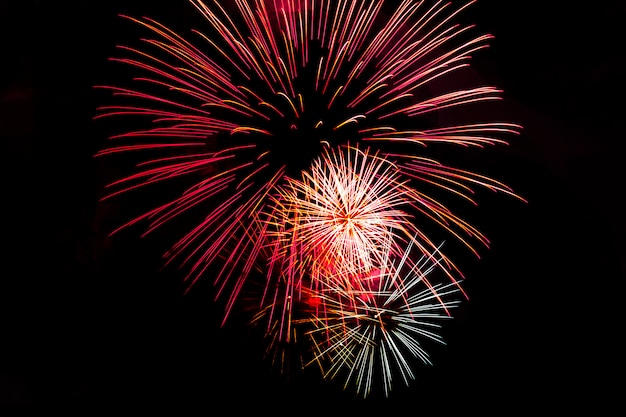 Fuochi d'artificio festivi isolati impressionanti su un'oscurità.