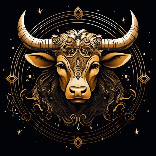 Awesome logo of a Zodiac symbol Taurus line art gold and black black background with lots of gol
