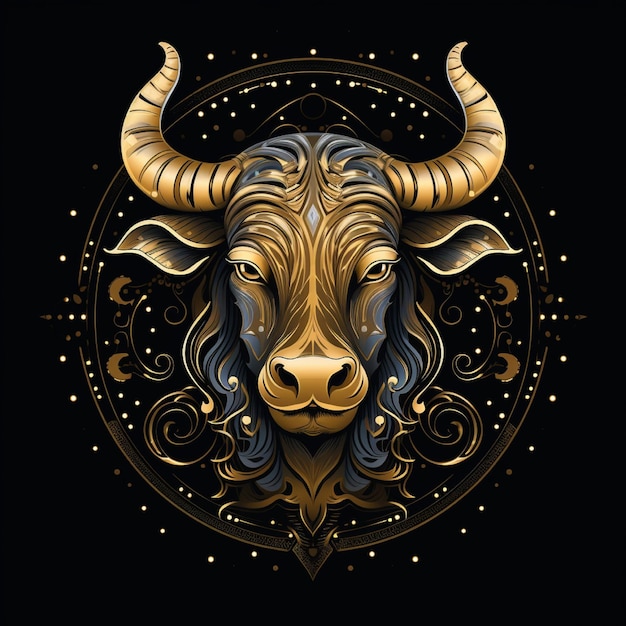 Awesome logo of a Zodiac symbol Taurus line art gold and black black background with lots of gol