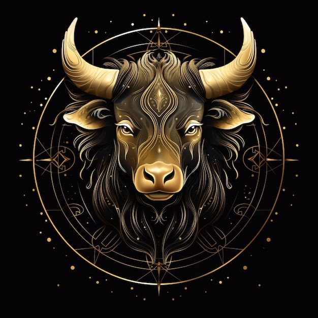 Photo awesome logo of a zodiac symbol taurus line art gold and black black background with lots of gol