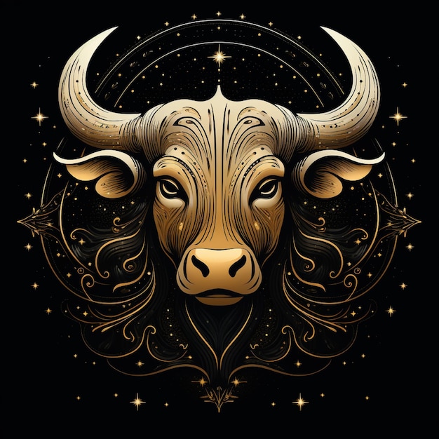 Awesome logo of a Zodiac symbol Taurus line art gold and black black background with lots of gol