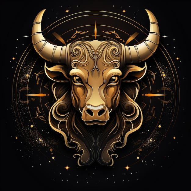 Photo awesome logo of a zodiac symbol taurus line art gold and black black background with lots of gol