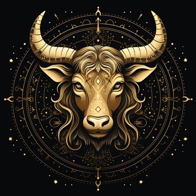 Photo awesome logo of a zodiac symbol taurus line art gold and black black background with lots of gol