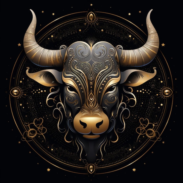 Photo awesome logo of a zodiac symbol taurus line art gold and black black background with lots of gol