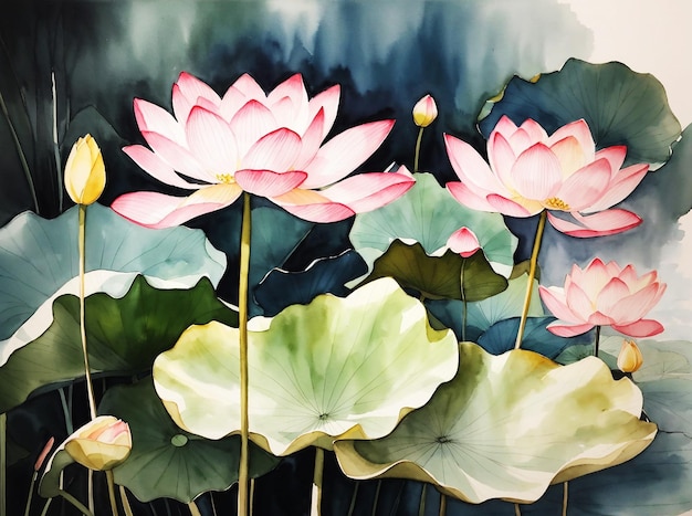 awesome modern abstract botanical lotus flowers high quality painting on paper HD watercolor image