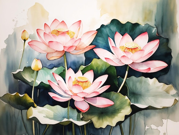 awesome modern abstract botanical lotus flowers high quality painting on paper HD watercolor image