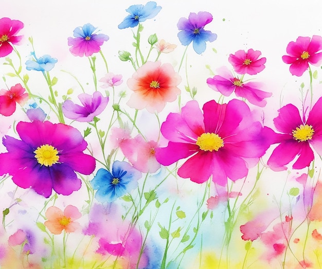 素晴らしい多色の抽象的な花のコスモスの花の背景、紙に絵を描く HD 水彩画像