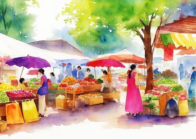 Awesome multicolor lake side view village market colorful painting on paper hd watercolor image
