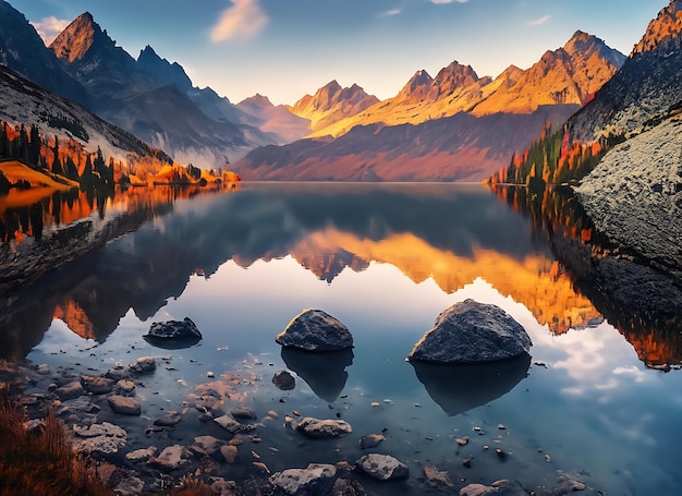 写真 素晴らしい自然風景 高いタトラ山の頂点と 山の湖の石の美しい景色