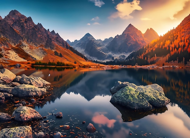 写真 素晴らしい自然風景 高いタトラ山の頂点と 山の湖の石の美しい景色