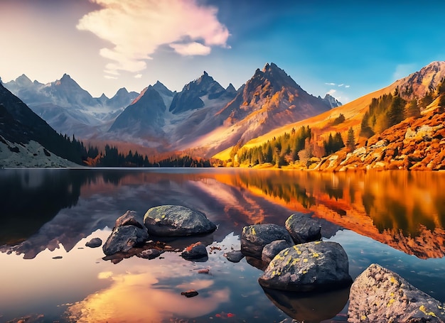 Photo awesome nature landscape beautiful scene with high tatra mountain peaks stones in mountain lake