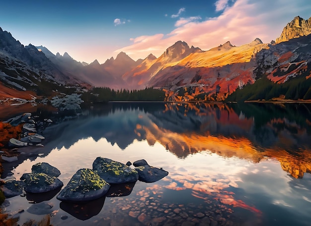 Photo awesome nature landscape beautiful scene with high tatra mountain peaks stones in mountain lake