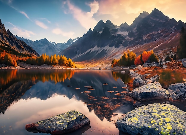 Awesome nature landscape Beautiful scene with high Tatra mountain peaks stones in mountain lake