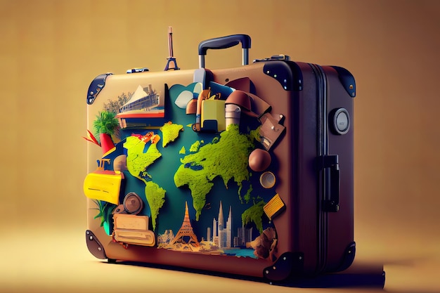 Awesome Photoreal suitcase with different travel destination elements World travel vector concept 3D rendering Generative Ai