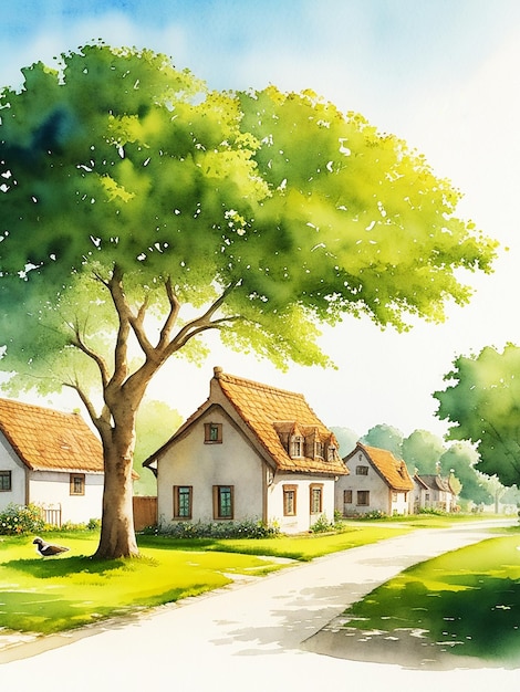 Foto splendido paesaggio del villaggio con vista sulla montagna casa di legno a lato dipinti ad acquerello hd