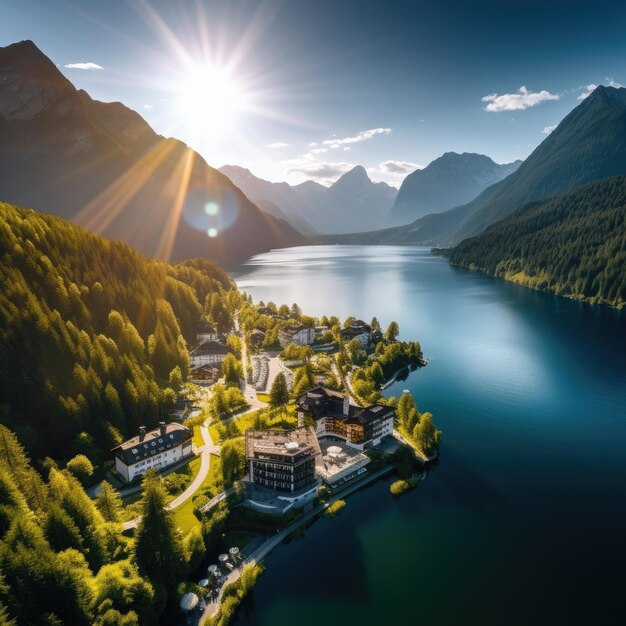 Awesome sunrise on grundlsee lake breathtaking morning view of eastern alps generative ai