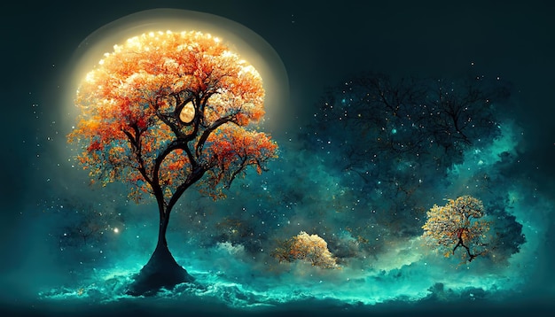 Awesome The tree in the night sky 3d illustration 3D graphics 3d rendering Detailed colored Generative Ai