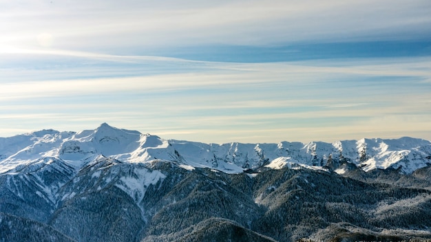 Awesome view of the Caucasus mountains covered by snow in the ski resort of Krasnaya Polyana Russia