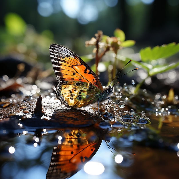 Awesome water drop moment in park with beautiful butterfly