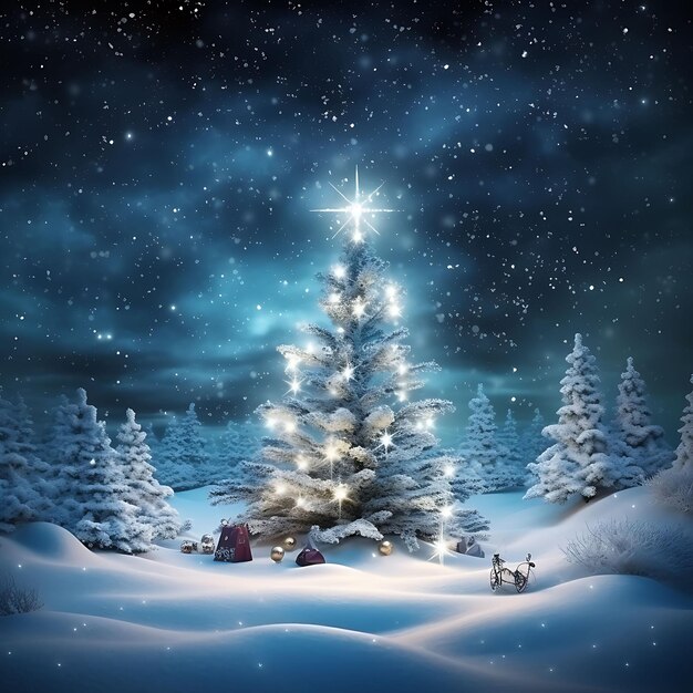 Awesome winter landscape with christmas tree and new year christmas celebration Night vibes