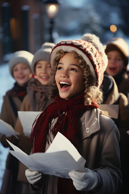 Photo awestruck girl sings carols with friends under lamplight glow