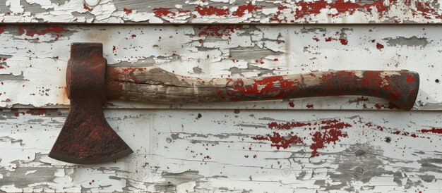 An ax from antiquity hangs on a weathered barn wall