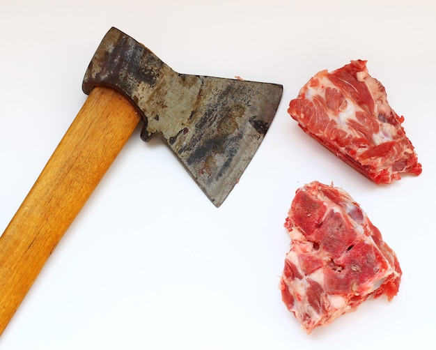 Ax and meat on a white surface