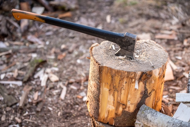 Ax stuck in stump. Woodcutter's ax on the stump.