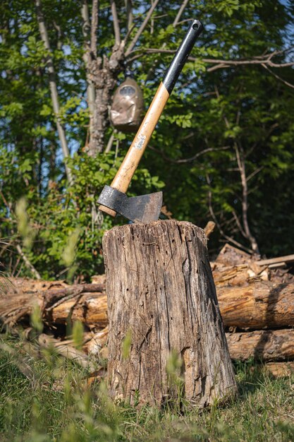 Photo ax stuck in a wooden trunk in the middle of the forest