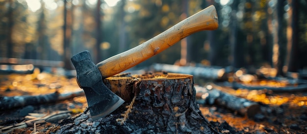 Axe Embedded in Tree Stump in Forest