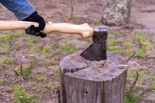 An axe  in the hands of a man