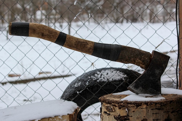 Axe in a log closeup