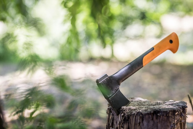 Axe in the stump Modern axe tool impaled in log and fragments of alder wood behind it hatchet tool