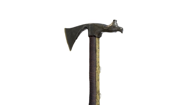 A axe with a wooden handle and a metal handle.