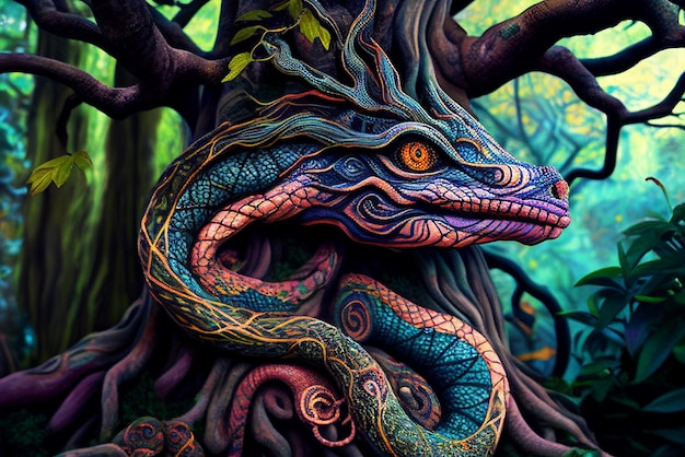 Ayahuasca compilationShamanic meditation The journey of consciousness A dragon in a tree trunk The magic eye Generative AI