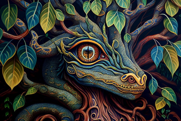 Ayahuasca compilationShamanic meditation The journey of consciousness A dragon in a tree trunk The magic eye Generative AI