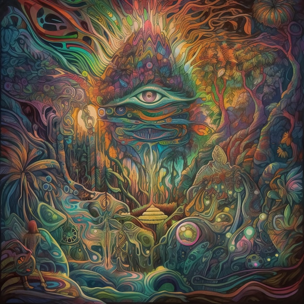 Ayahuasca experience spiritual psychedelic hallucinations surreal illustration Generative AI