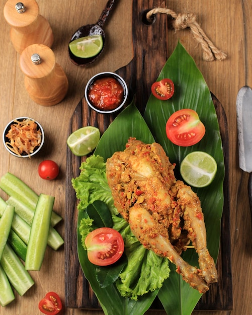 Ayam betutu. balinese gebraden kip gevuld met cassave bladeren.