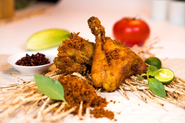 Photo ayam goreng rempah or spice fried chicken withxalime and tomato indonesian traditional food