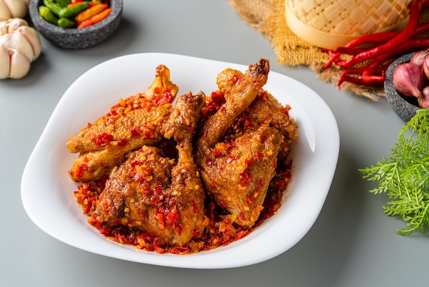 Ayam sambal balado 또는 매운 프라이드 치킨은 Padang West Sumatra의 전통 음식입니다.