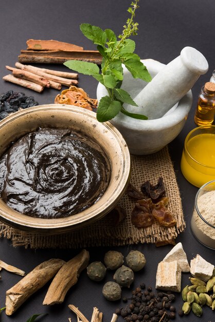 Ayurvedic Chyawanprash is a Powerful  Immunity Booster OR Natural Health Supplement. Served in an Antique bowl with Ingredients, over moody background, selective focus