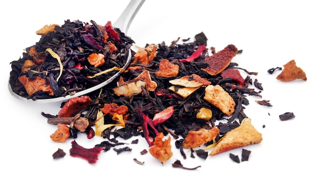 Ayurvedic dry herbal tea in a spoon
