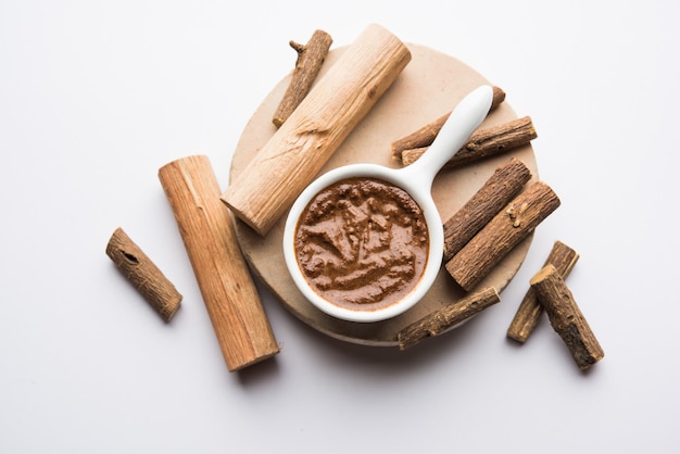 Ayurvedic Liquorice sandalwood Face Mask made using Mulethi or jeshthamadh and Chandan powder. selective focus