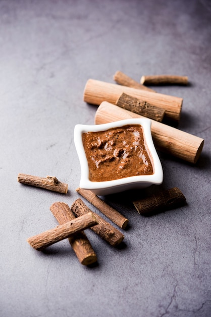 Ayurvedic Liquorice sandalwood Face Mask made using Mulethi or jeshthamadh and Chandan powder. selective focus