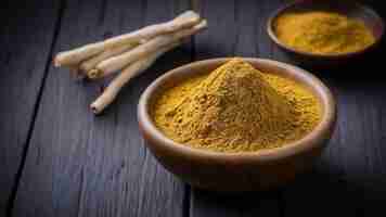 Photo ayurvedic mulethi or liquorice root stick or jeshthamadh powder served in a bowl over moody backgro