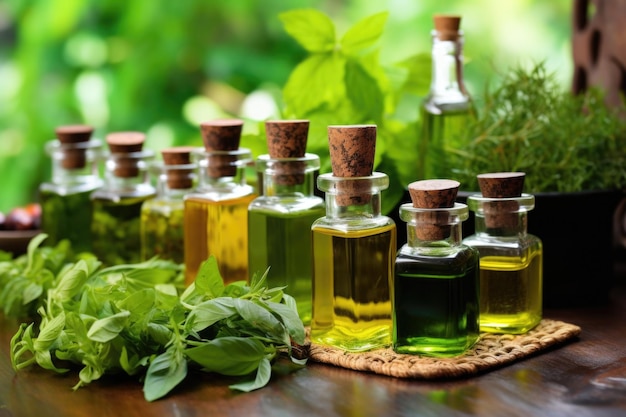 Ayurvedic oils in glass bottles with background of greens