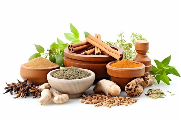 Photo ayurvedic and spices on white background