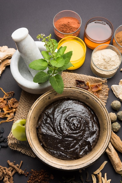 Ayurvedische chyawanprash is een krachtige immuniteitsbooster of een natuurlijk gezondheidssupplement. geserveerd in een antieke kom met ingrediënten, over humeurige achtergrond, selectieve focus