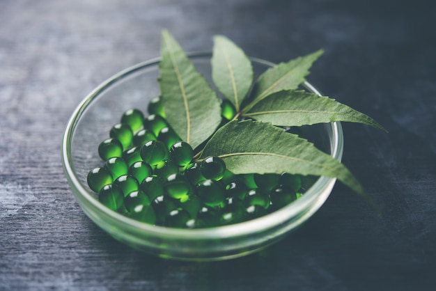 Ayurvedische Neem Pillen is een oud Indiaas medicijn dat wordt gebruikt voor de behandeling van huidaandoeningen en diabetes. geserveerd op een witte achtergrond met verse bladeren