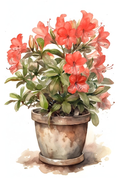 Azalea Plant in Pot Watercolor Illustration for Colorful and Lively Home Decoration Generative AI